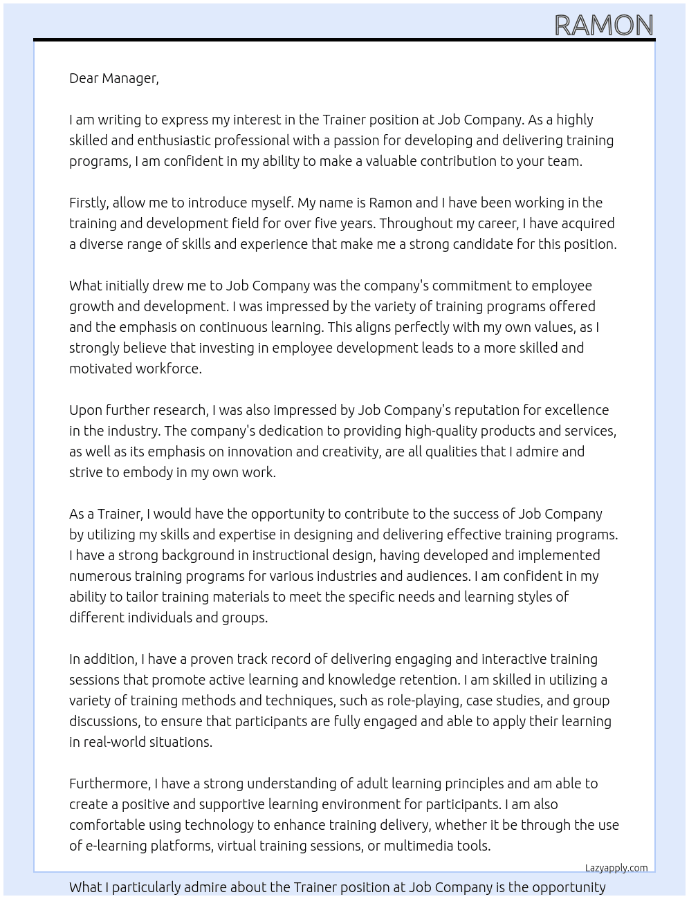 Trainer At Job Company Cover Letter