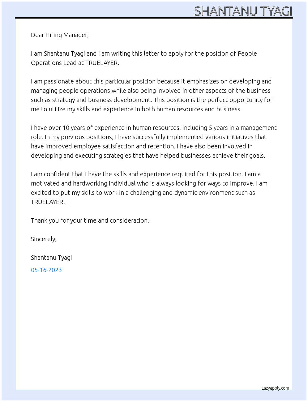 People Operations Lead At TRUELAYER Cover Letter