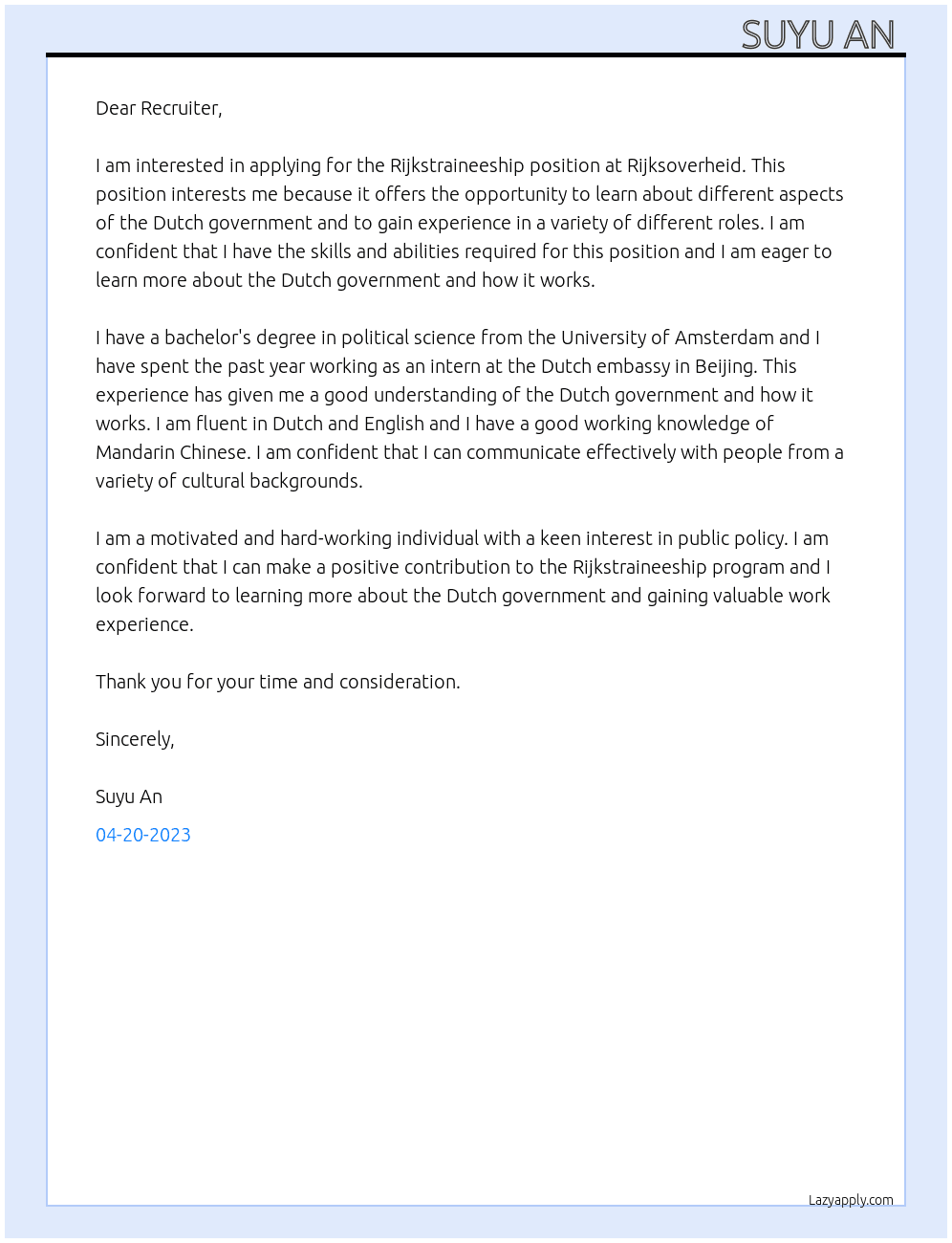 Rijkstraineeship  At Rijksoverheid  Cover Letter