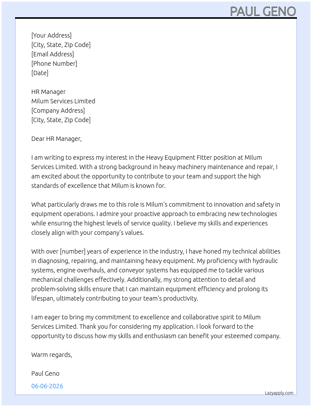 Heavy equipment fitter At Milum Services limited Cover Letter