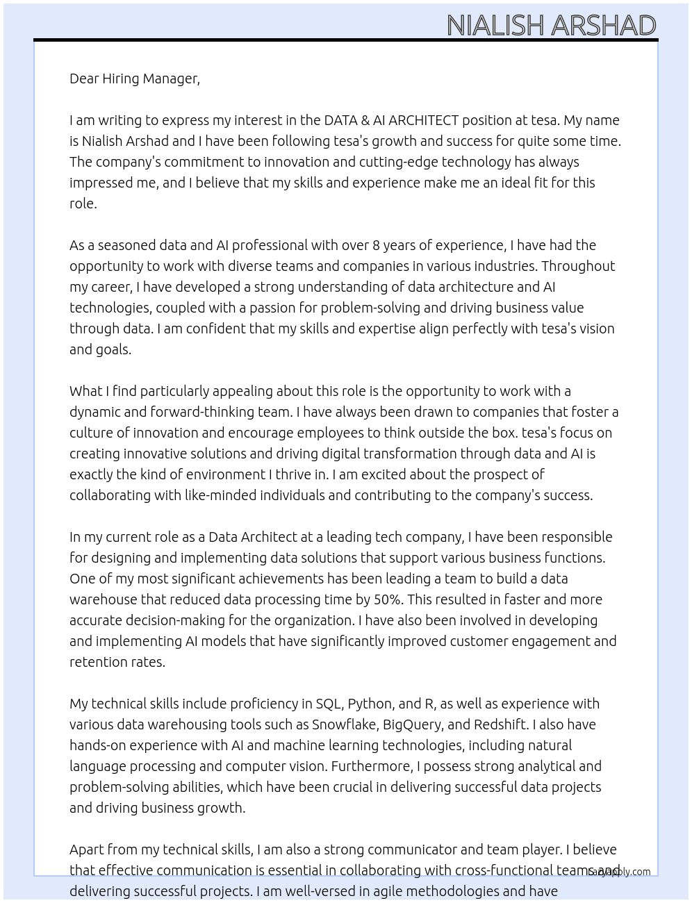 DATA & AI ARCHITEC At tesa Cover Letter