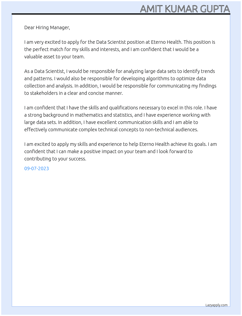 Data Scientist At Eterno Health Cover Letter