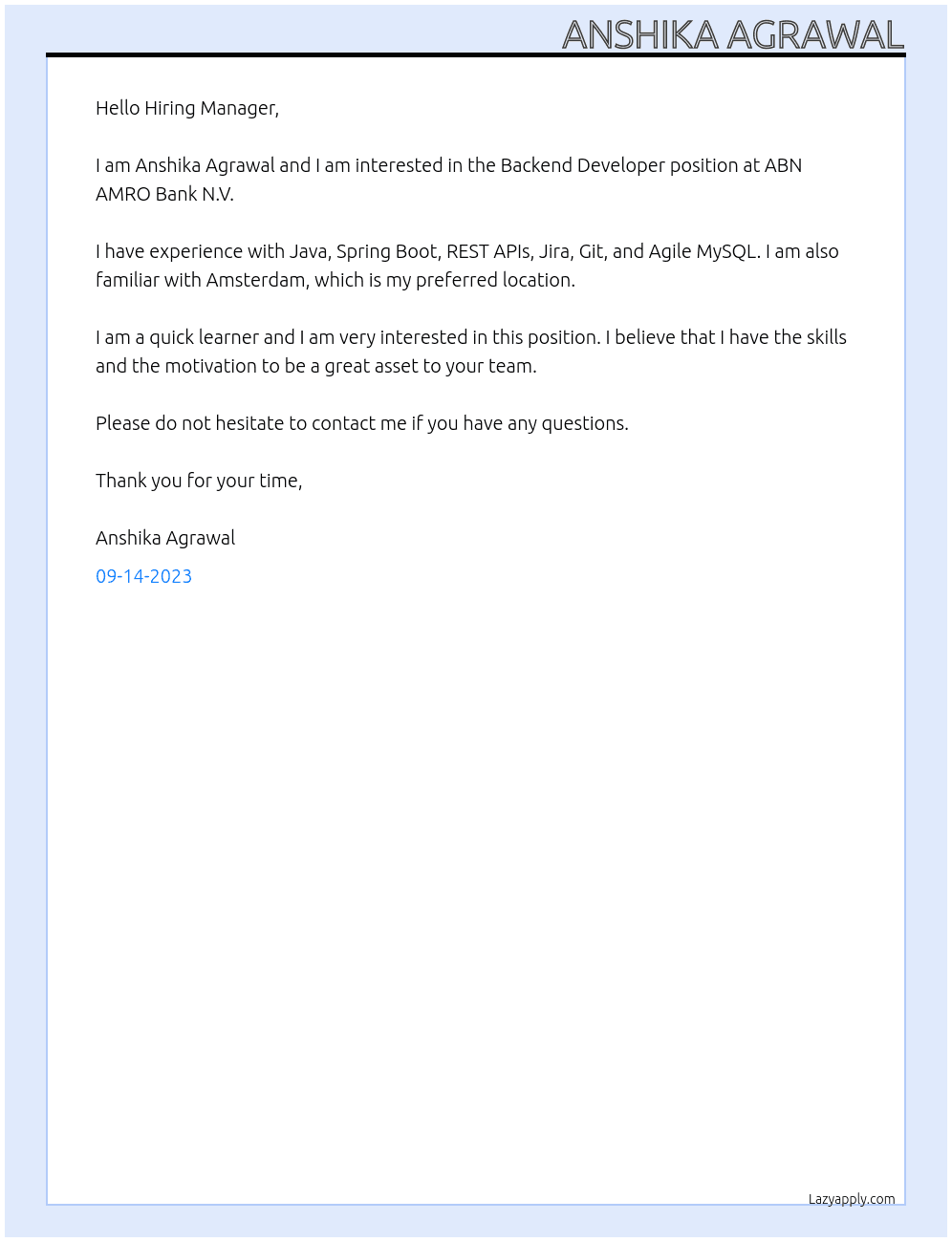 Backend Developer At ABN AMRO Bank N.V. Cover Letter