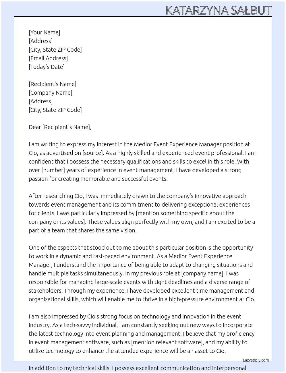 Medior Event Experiance Manager At Cio Cover Letter