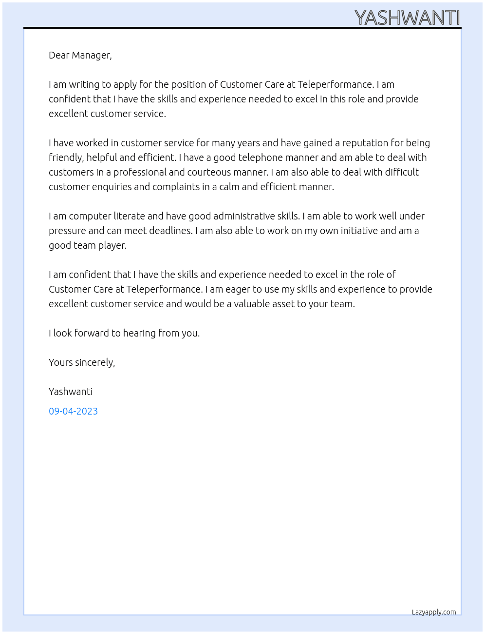Costomer care At Teleperfomance Cover Letter