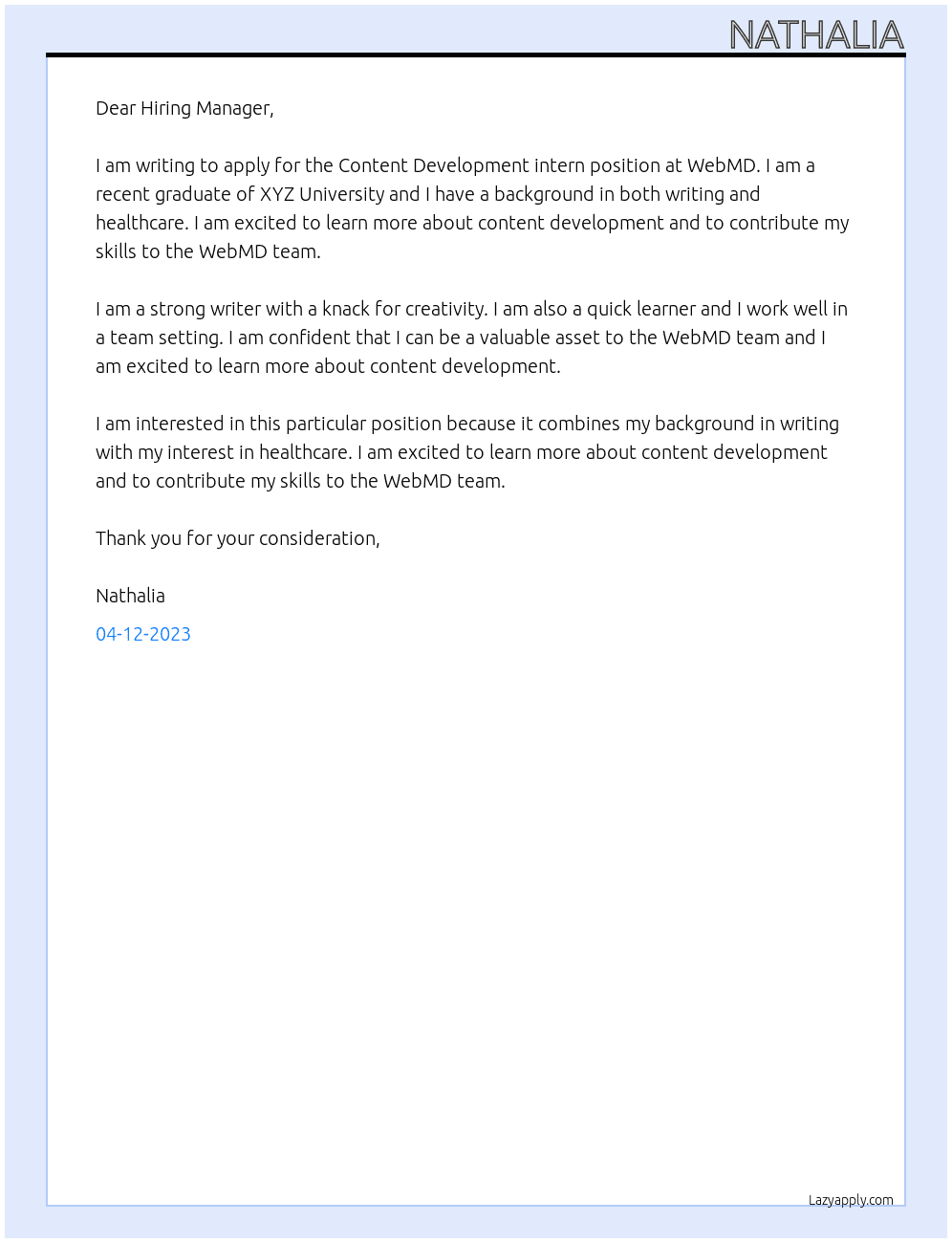 Content Development intern At WebMD Cover Letter