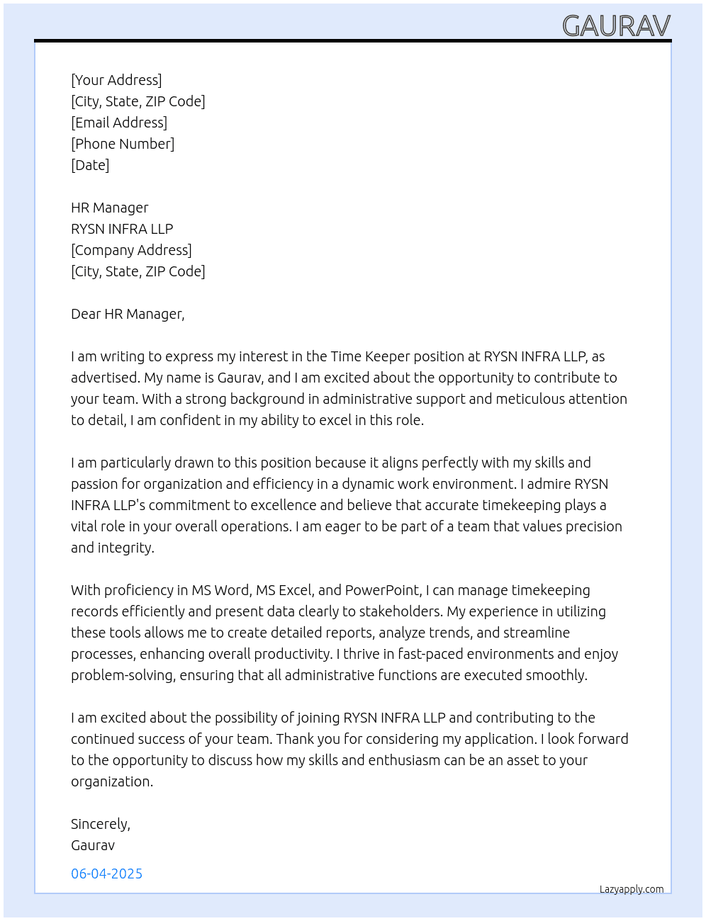 TIME KEEPER At RYSN INFRA LLP Cover Letter