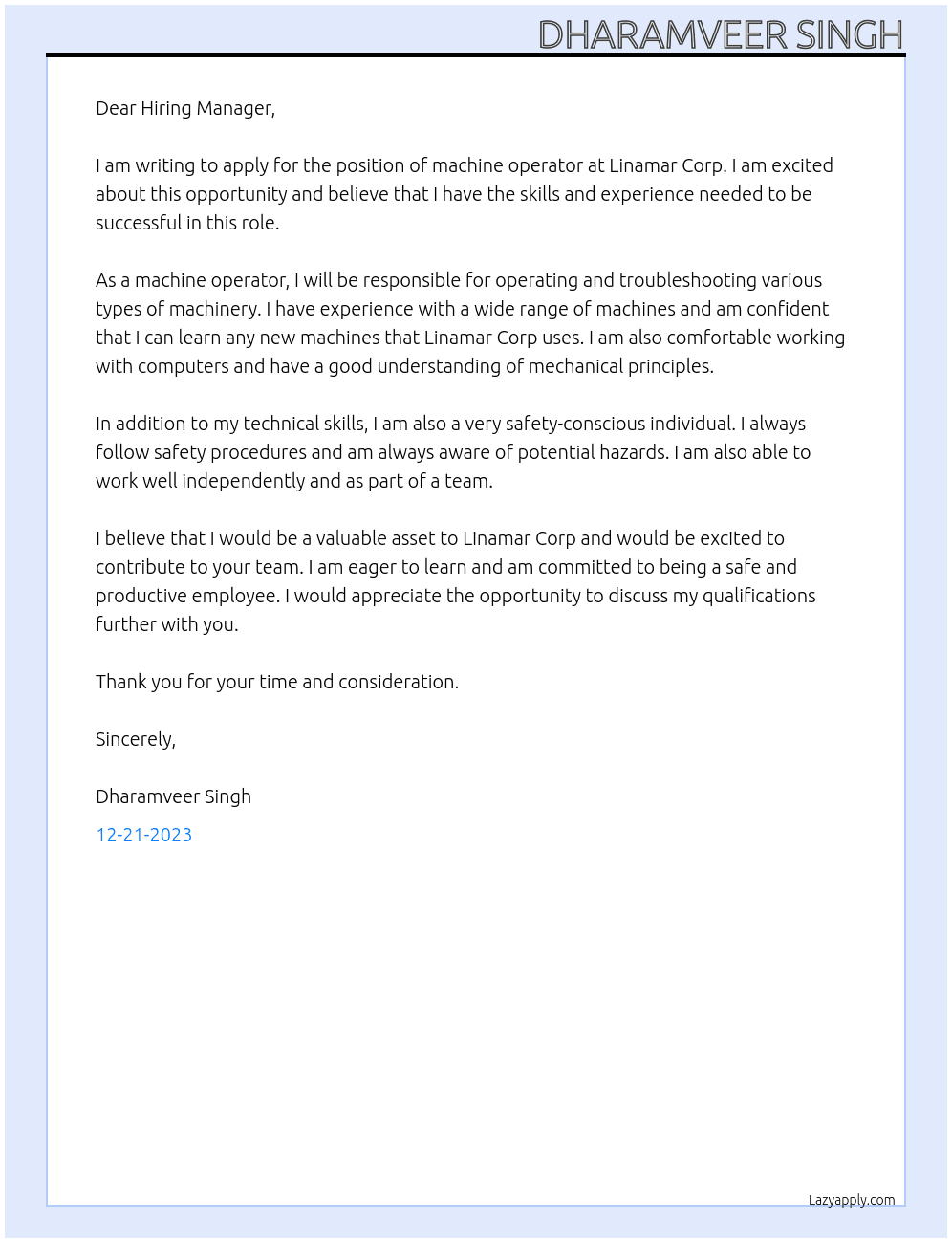 machine operator At Linamar corp Cover Letter