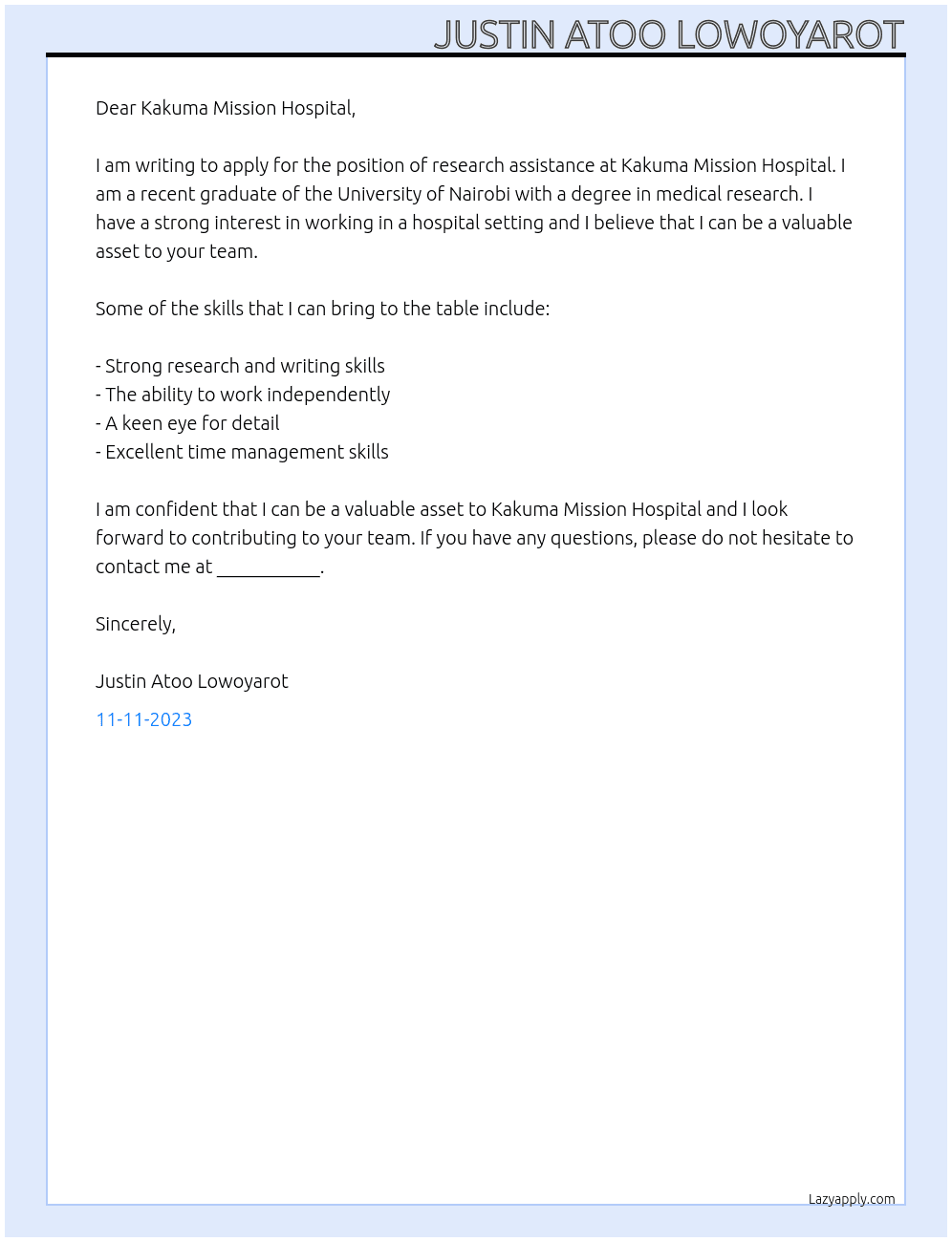 research assistance At kakuma mission hospital Cover Letter