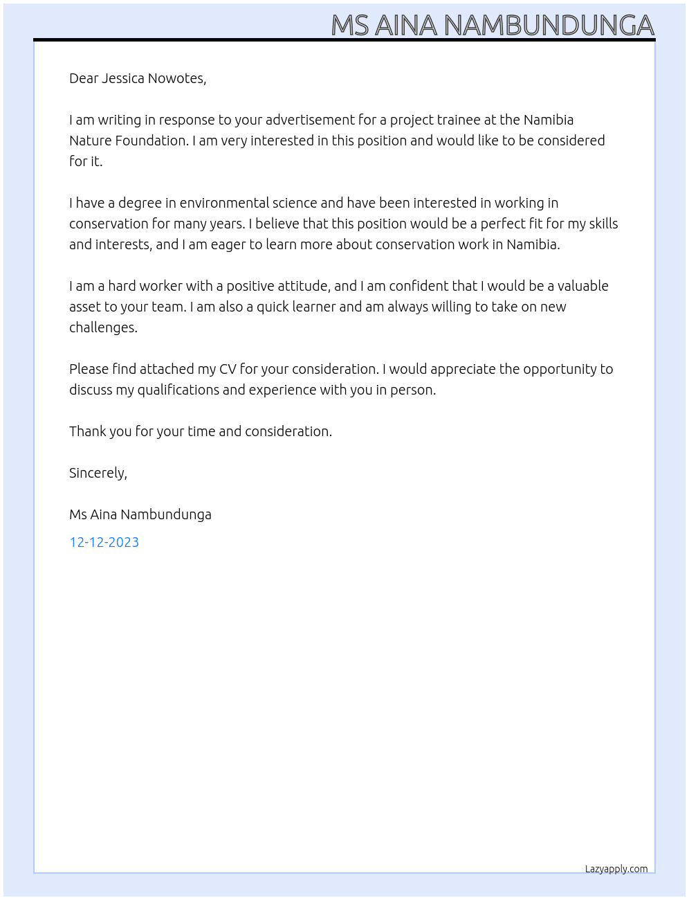 project trainee At Namibia Nature Foundation Cover Letter