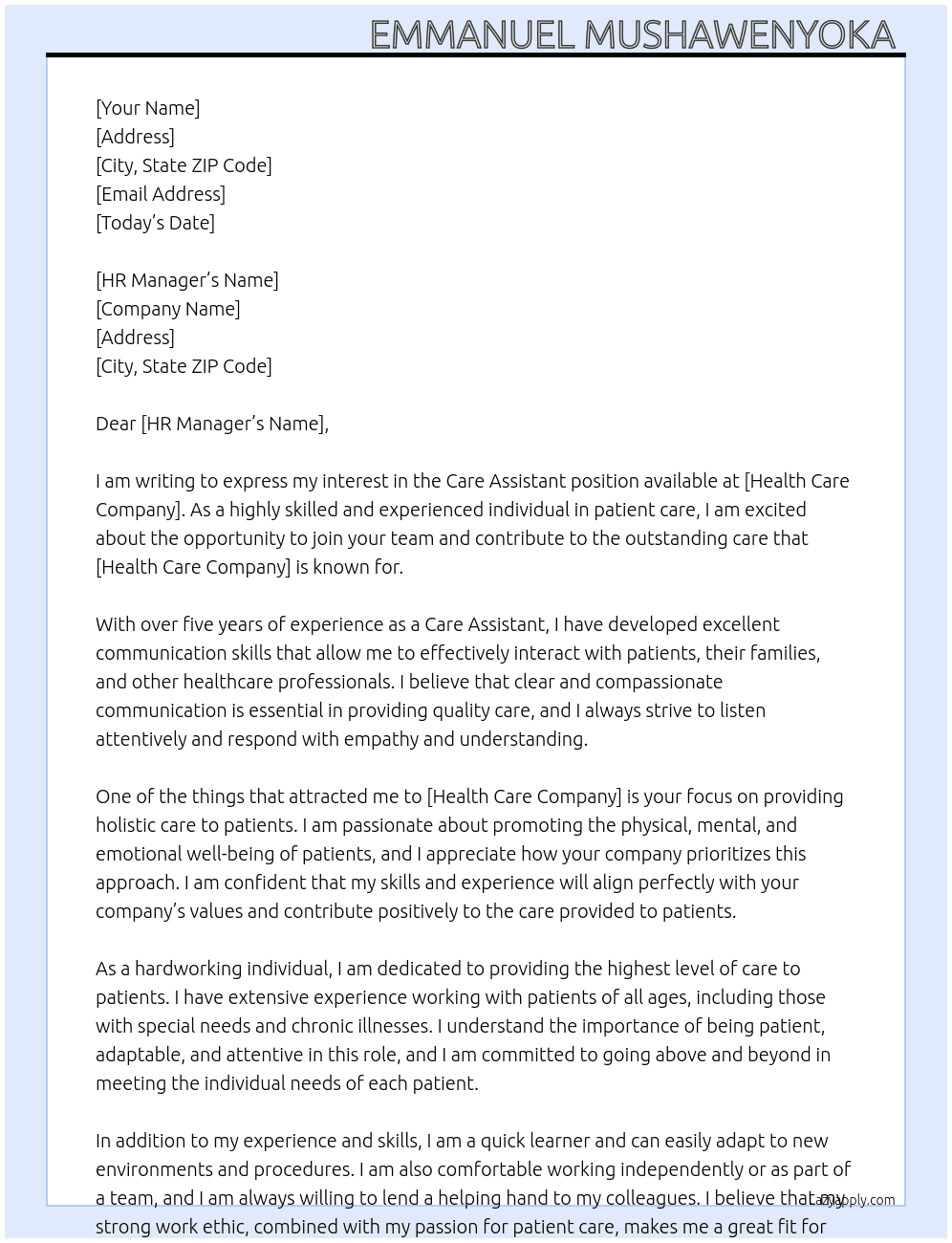 Care assistant  At Health care company  Cover Letter