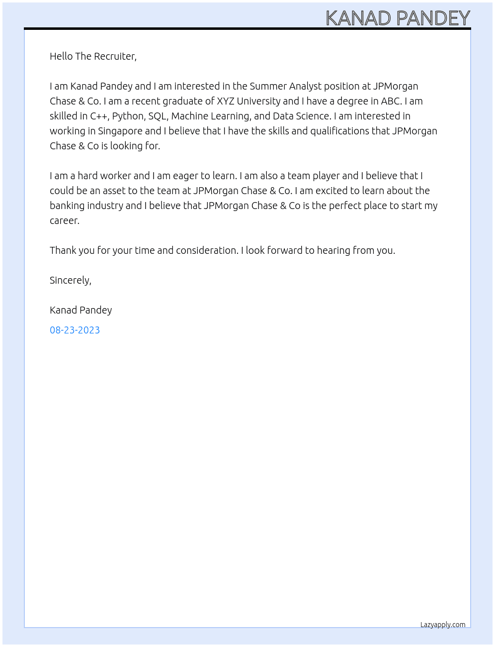 Summer Analyst At JPMorgan Chase & Co Cover Letter