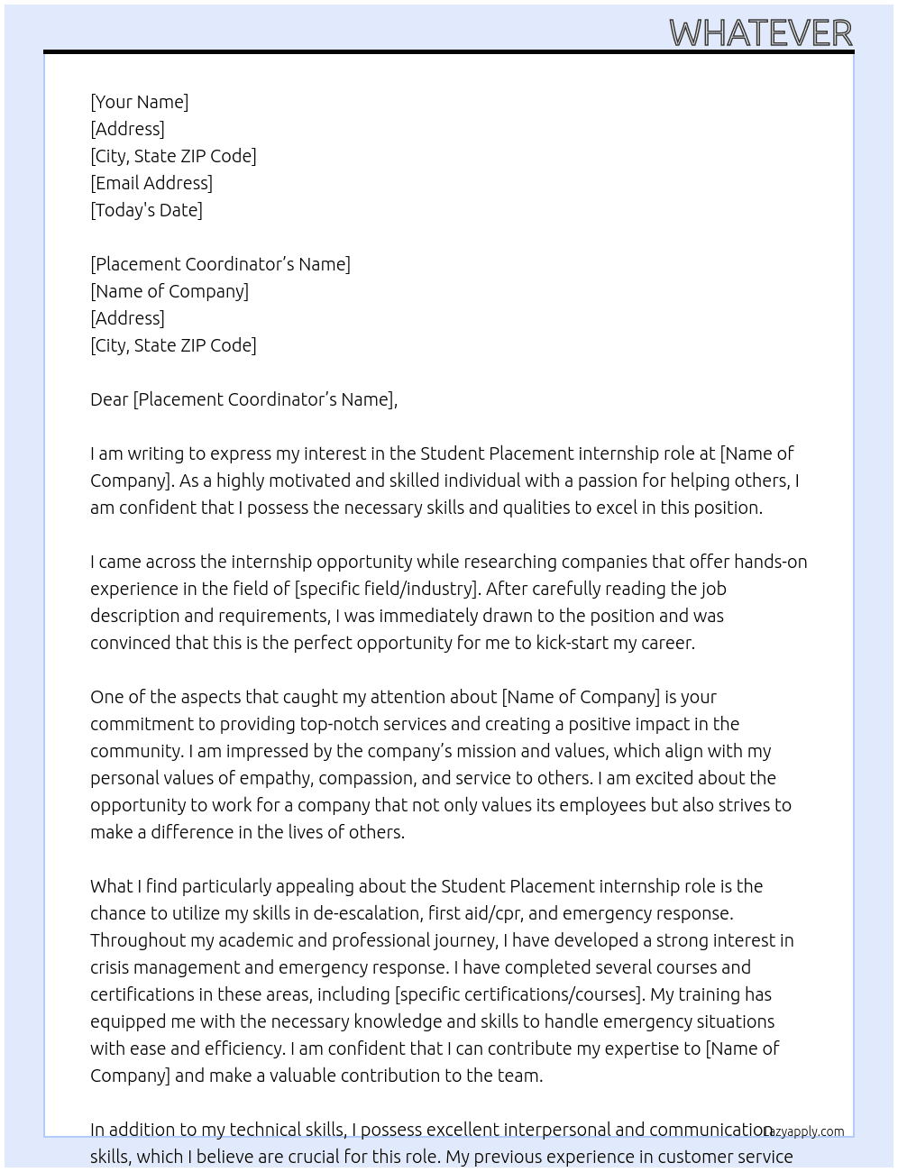 Student placement At generic Cover Letter