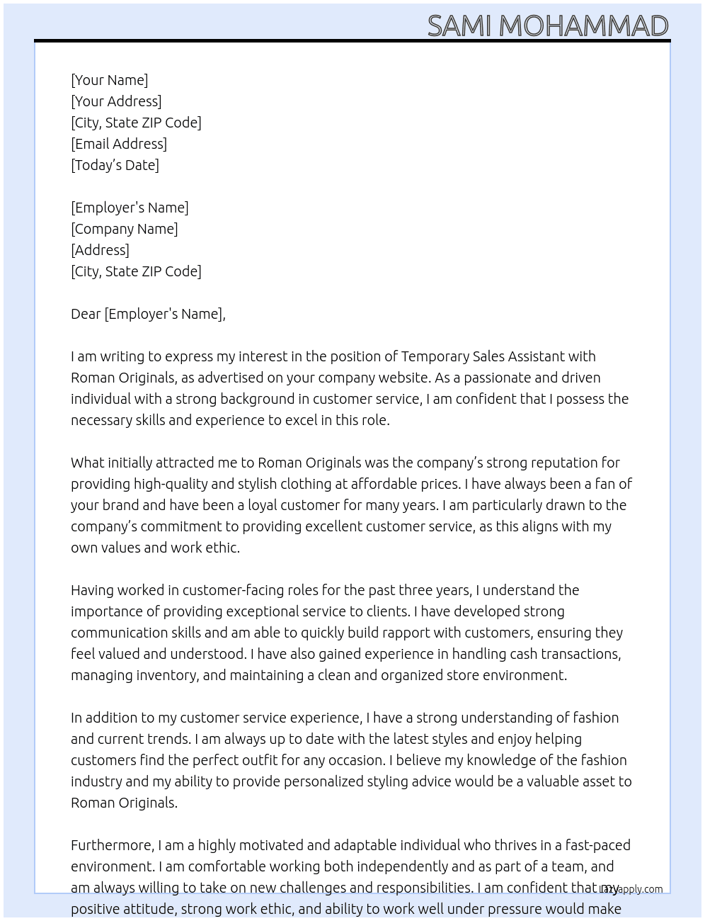 Temporary Sales Assistant At Roman Originals Cover Letter