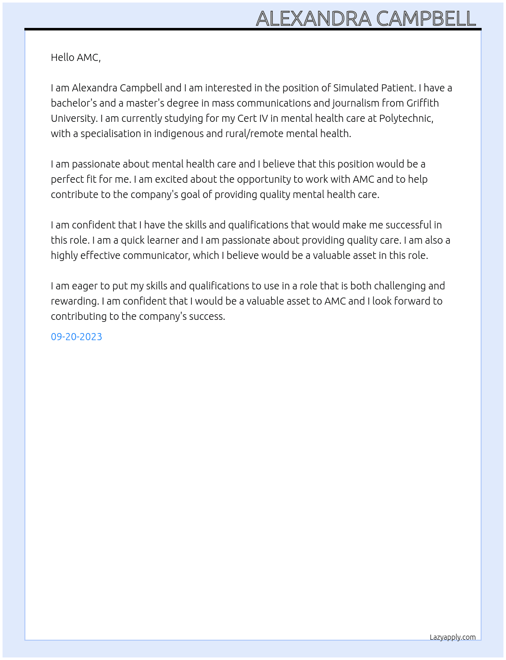 Simulated Patient  At AMC Cover Letter