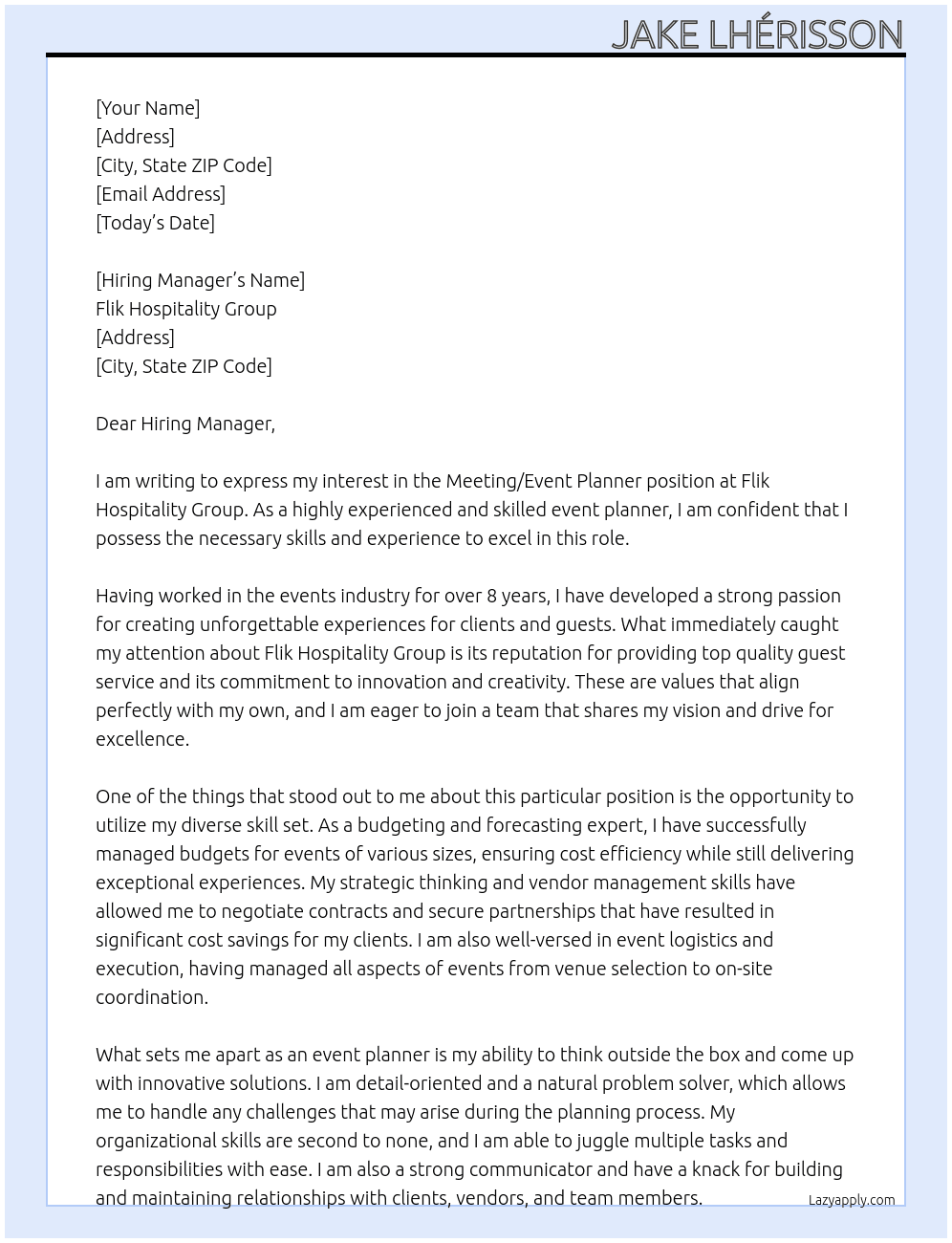 Meeting / Event Planner At Flik Hospitality Group Cover Letter