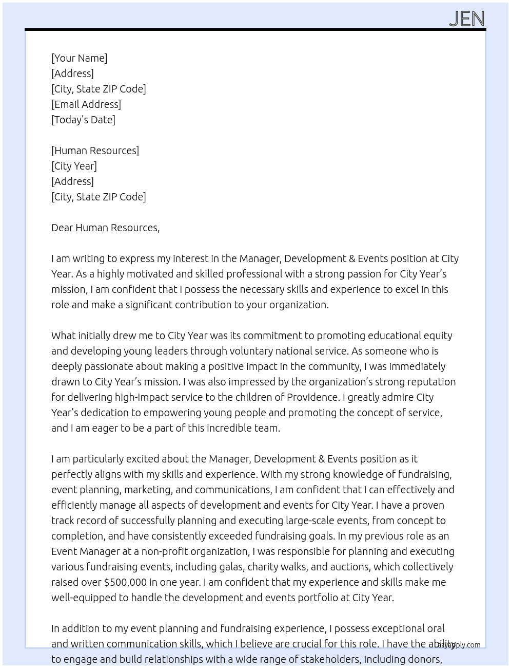 Manager, Development & Events At City Year Cover Letter