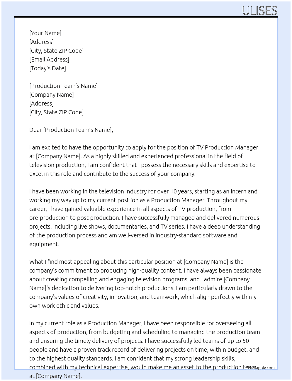 tv production manager At undisclosed Cover Letter