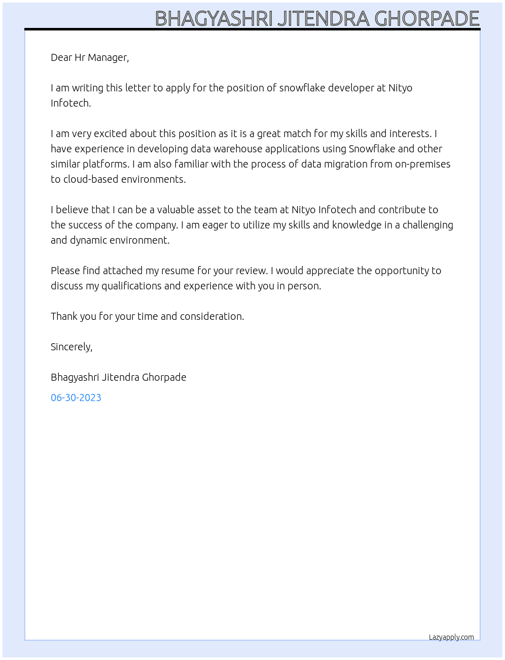 snowflake developer At Nityo infotech Cover Letter