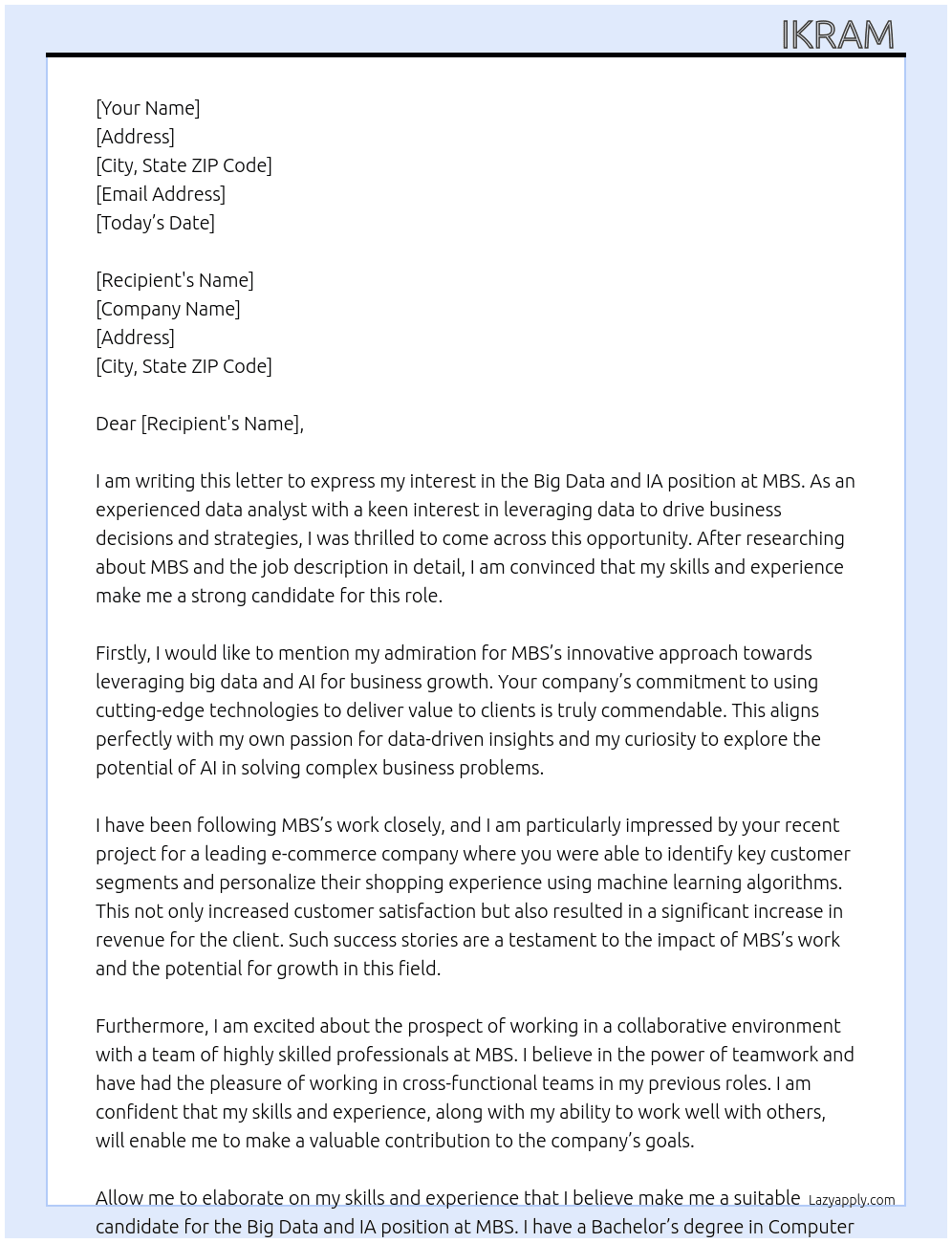 big data and IA At MBS Cover Letter