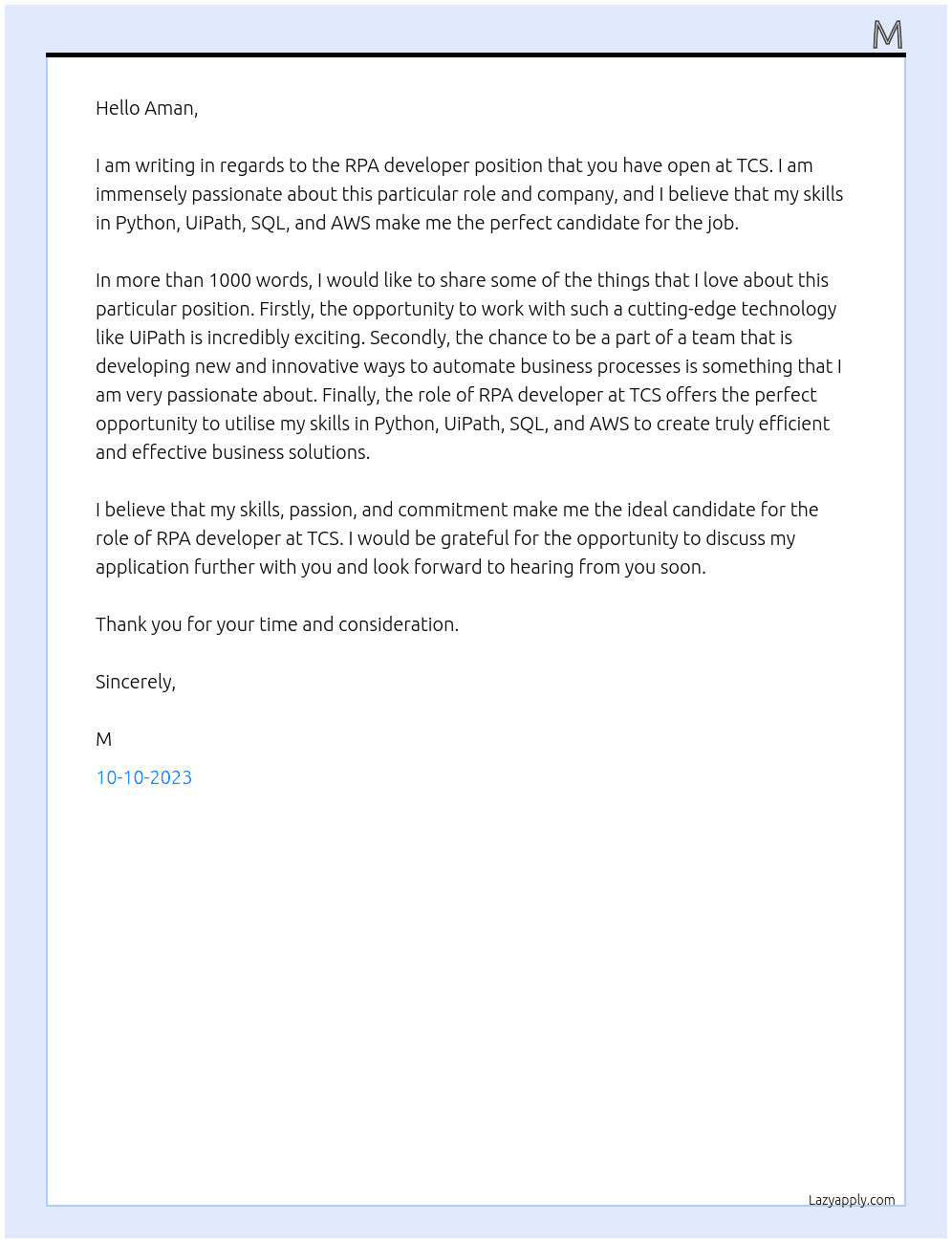 RPA developer  At TCS Cover Letter