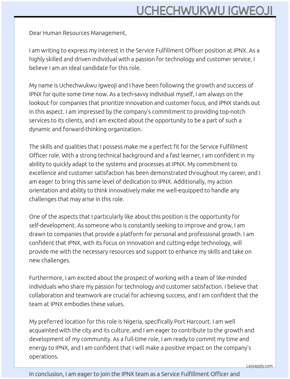 Service fulfillment officer At Ipnx Cover Letter