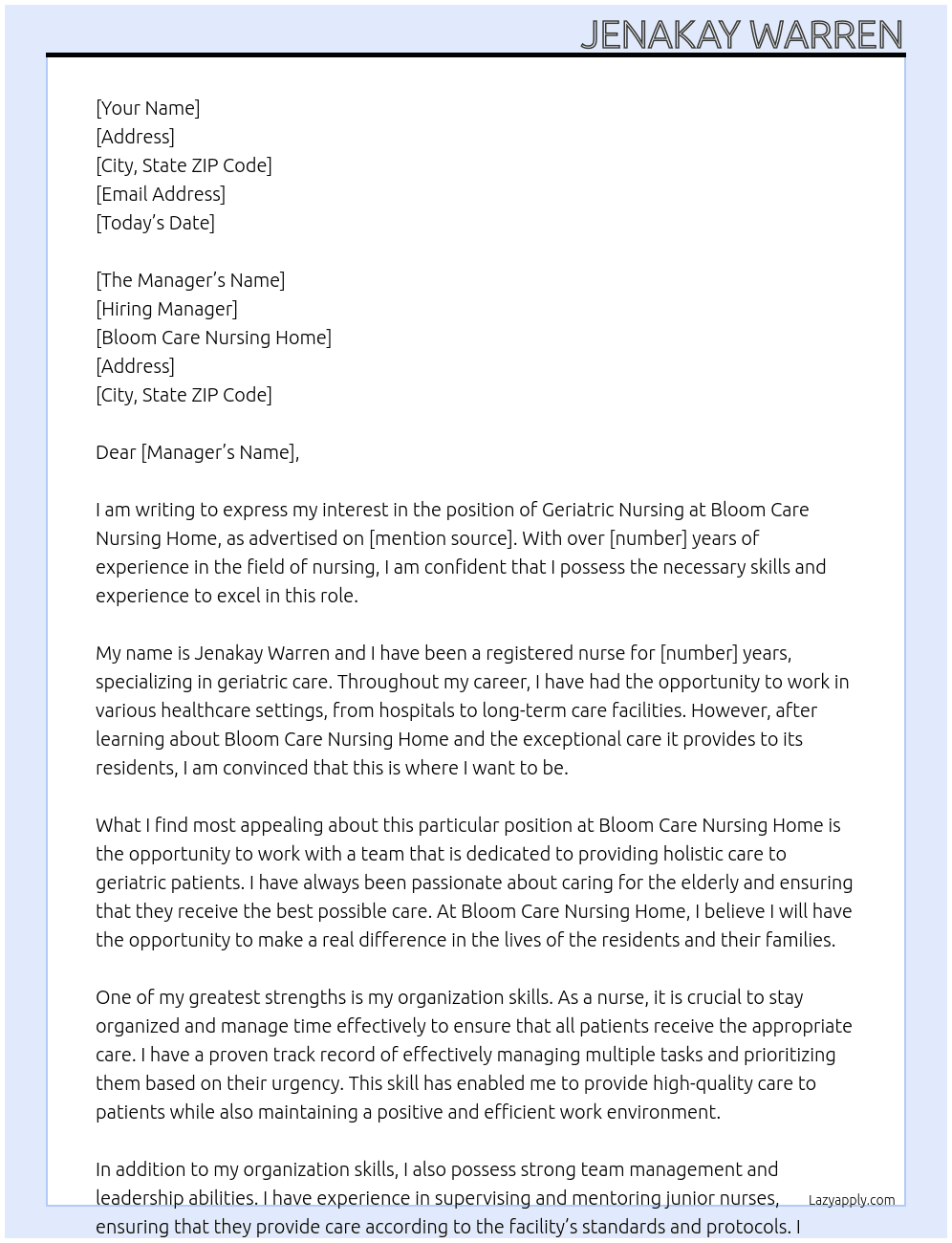 Geriatric nursing  At Bloom care nursing home Cover Letter