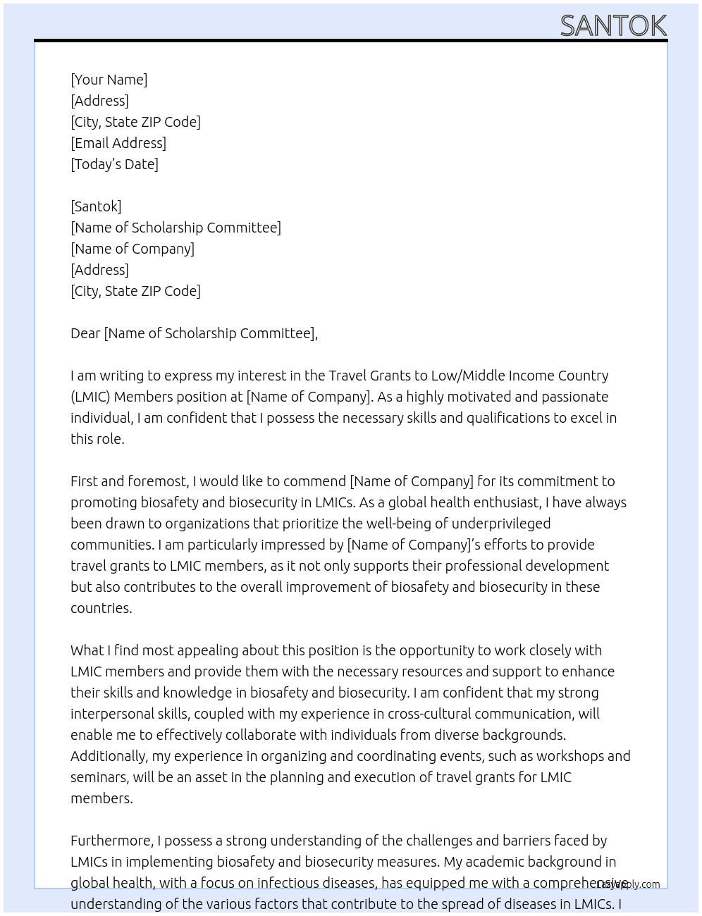 travel grants to low/middle income country (LMIC) members  At biosafety and biosecurity Cover Letter