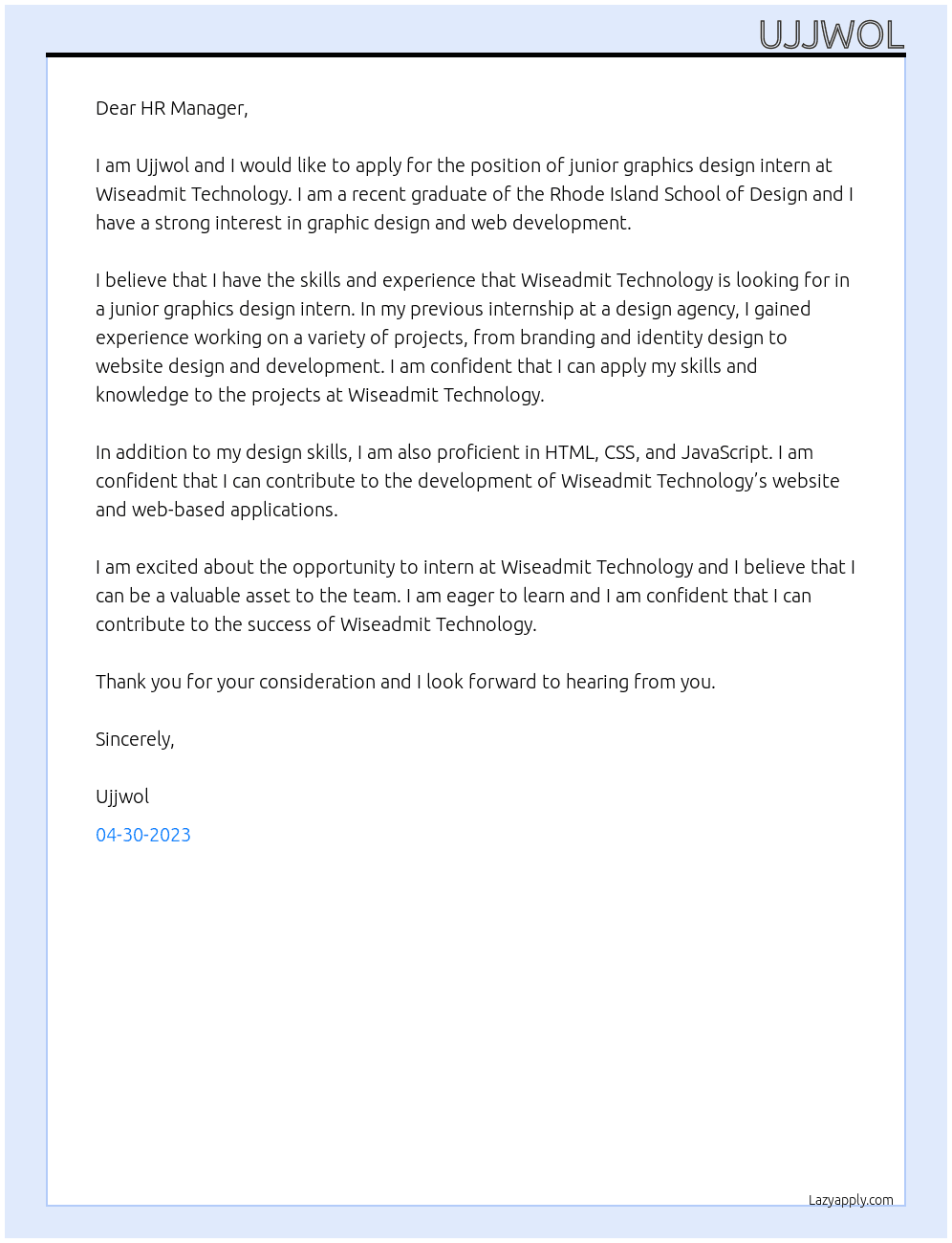 junior graphics design intern At Wiseadmit Technology Cover Letter
