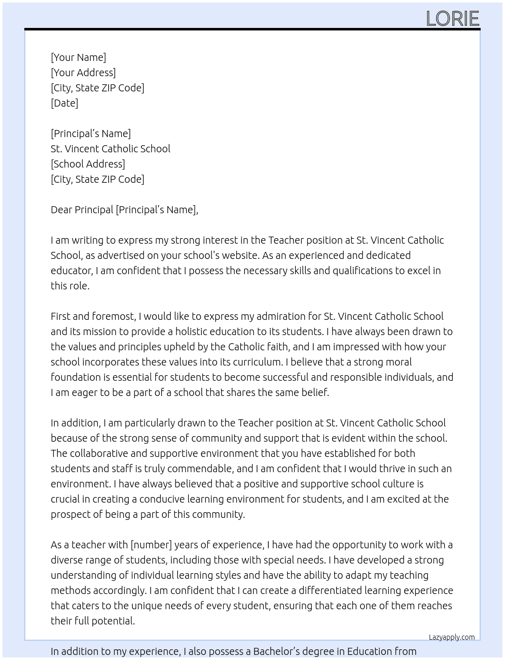 Teacher  At St. Vincent Catholic school Cover Letter