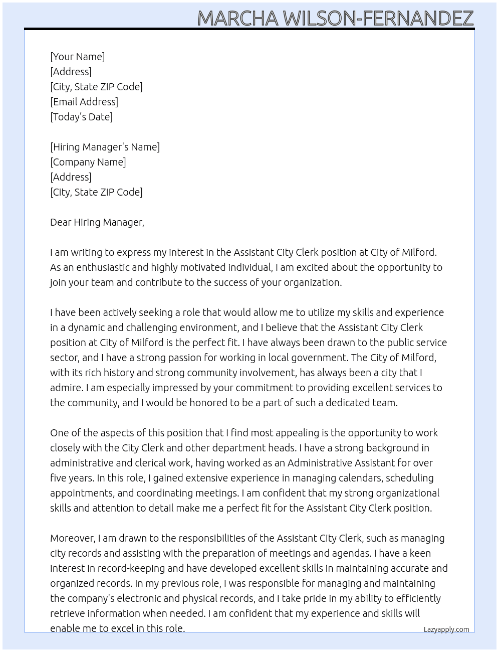 Cover letter for assistant city clerk - LazyApply