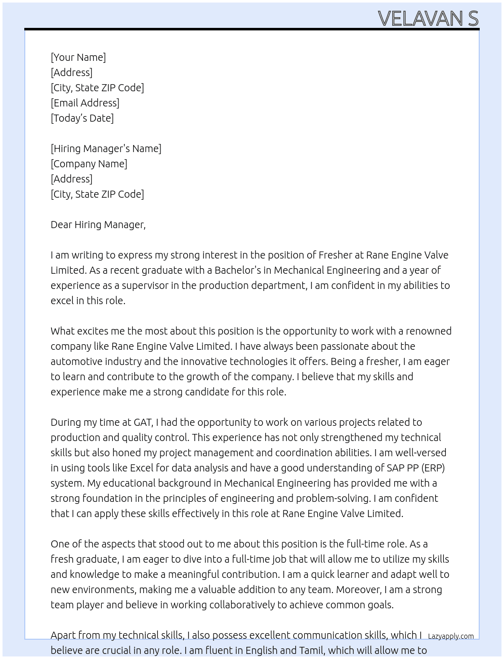 Fresher  At Rane Engine Valve Limited  Cover Letter