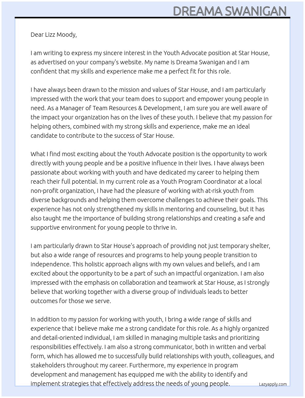 Youth Advocate  At Star House  Cover Letter