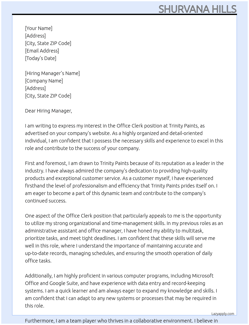 Office Clerk At Trinity Paints Cover Letter