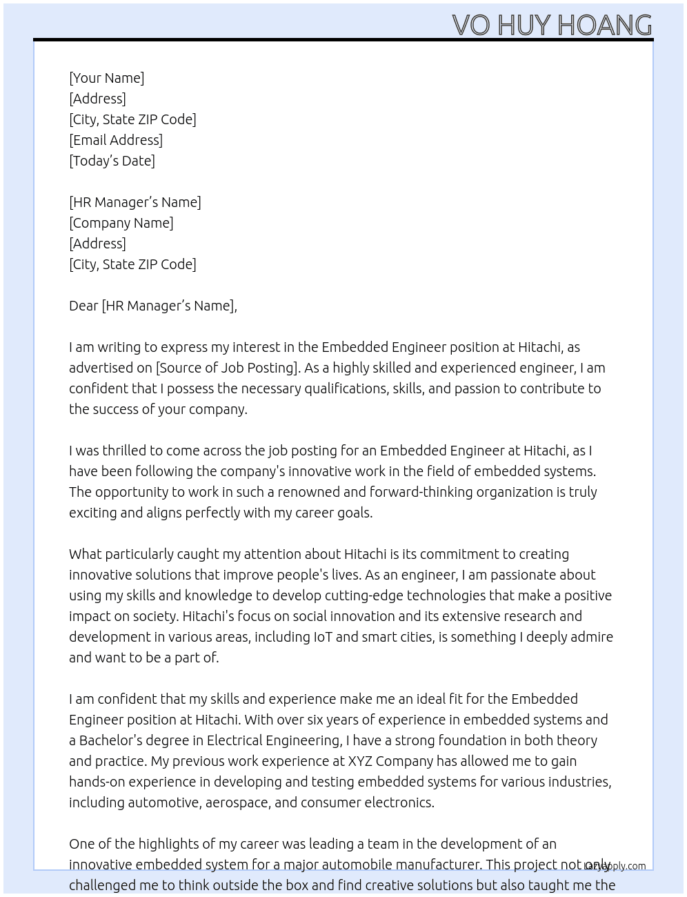 Embedded Engineer At Hitachi Cover Letter
