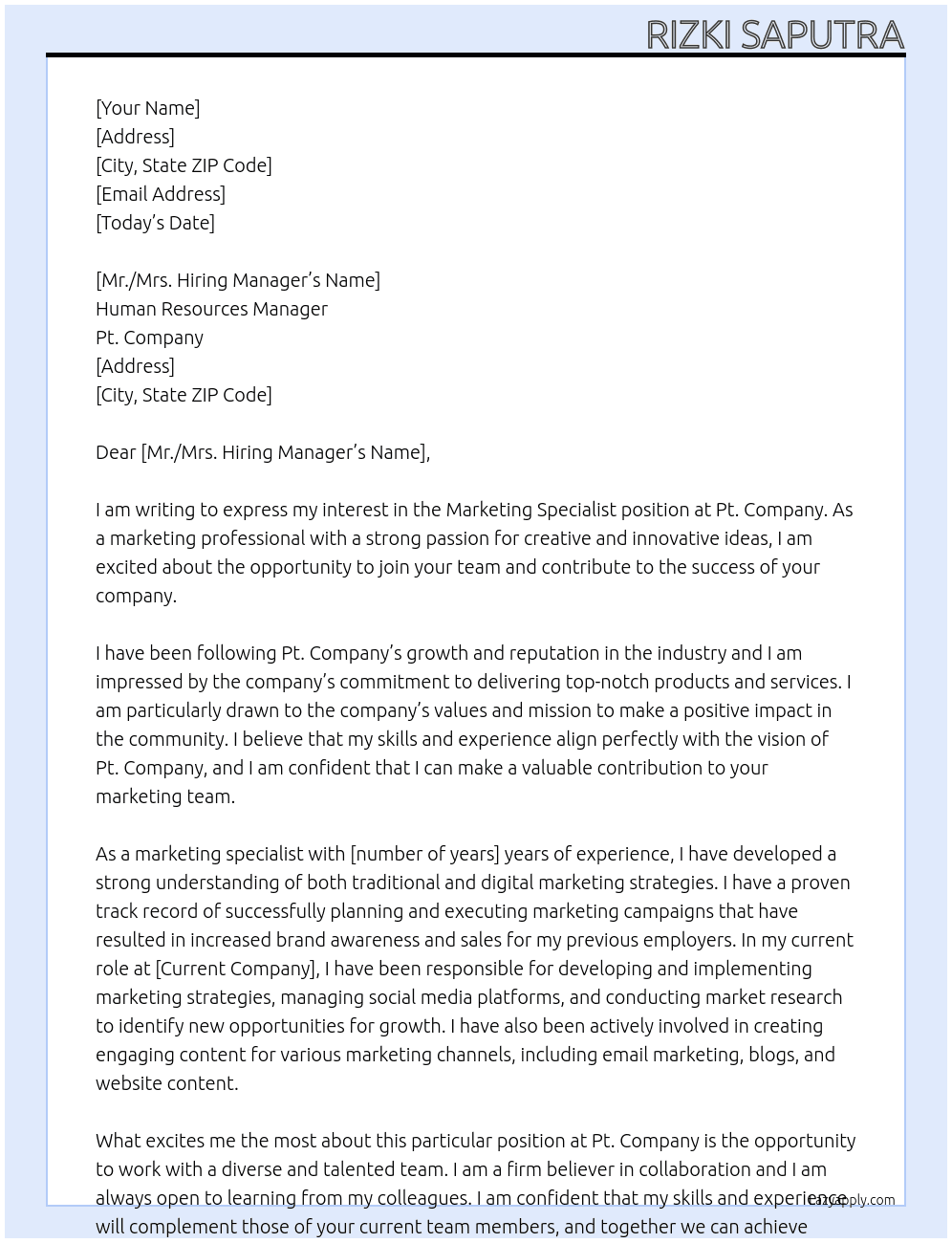 Marketing Specialist  At Pt. Company Cover Letter