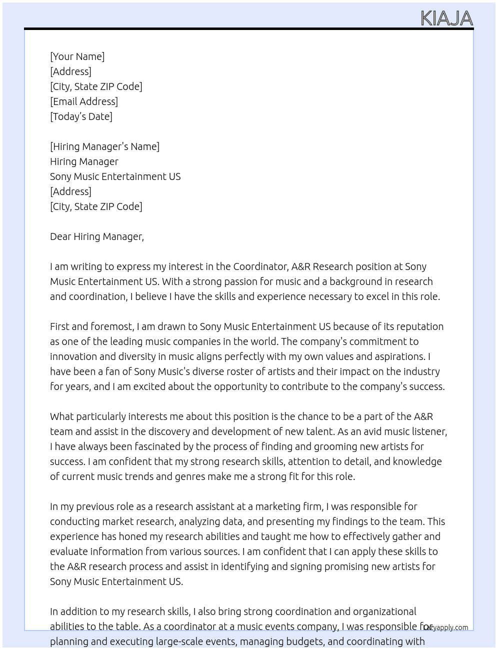 Coordinator, A&R Research At Sony Music Entertainment US Cover Letter