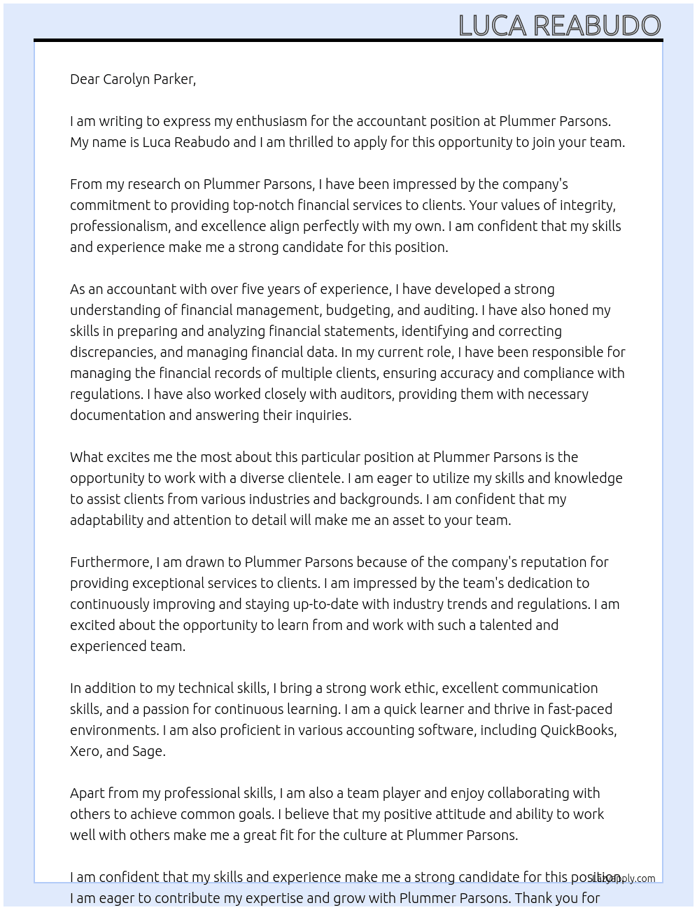 accountant At Plummer Parsons Cover Letter