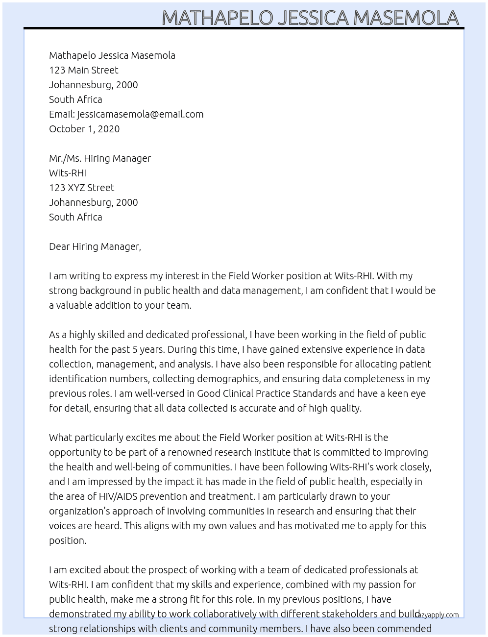 field worker  At Wits-RHI Cover Letter