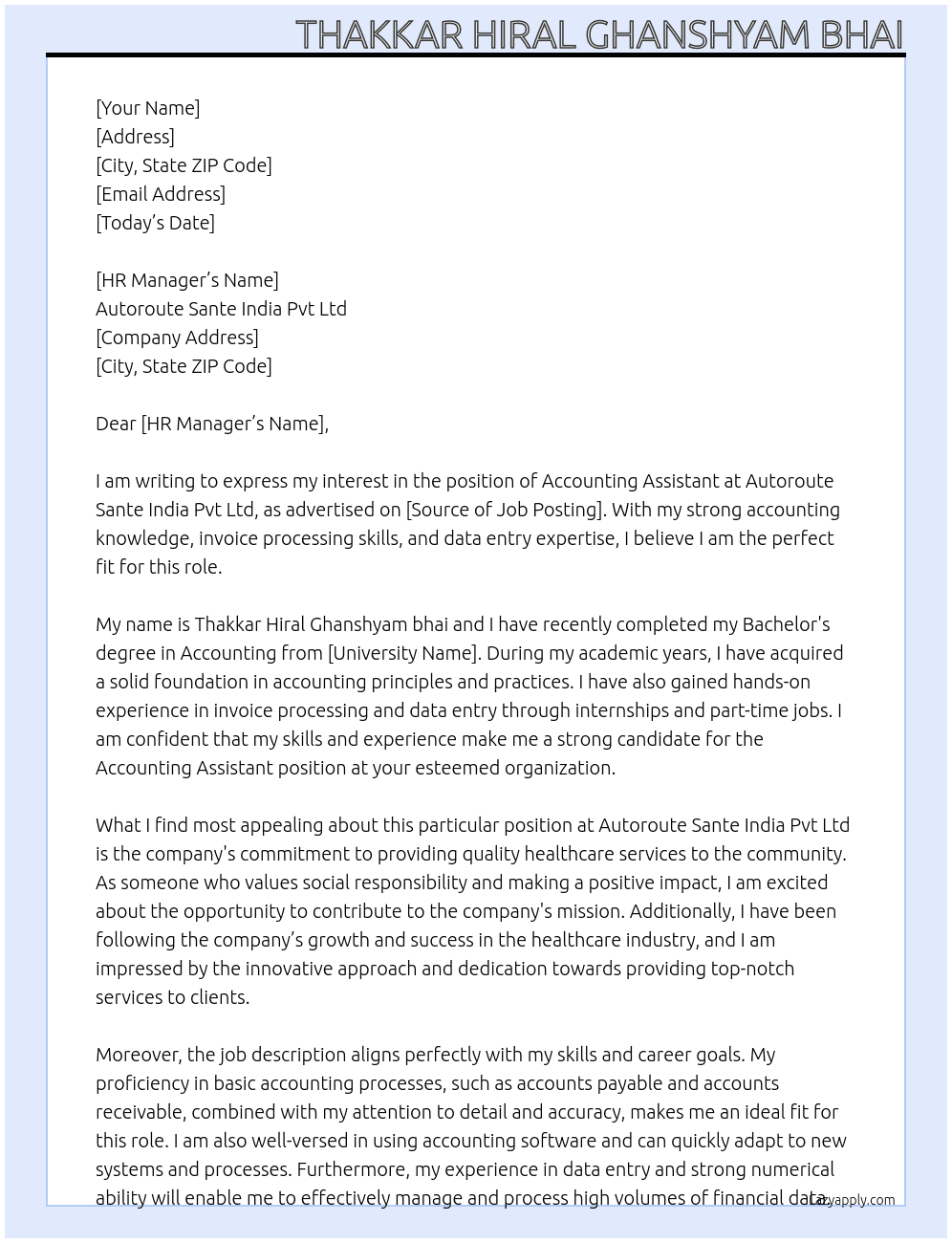 Accounting assistant  At Autoroute Sante India Pvt Ltd  Cover Letter
