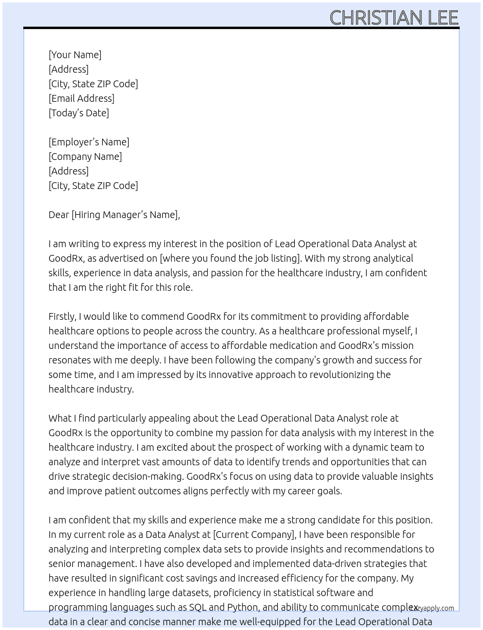 Lead Operational Data Analyst At GoodRx Cover Letter