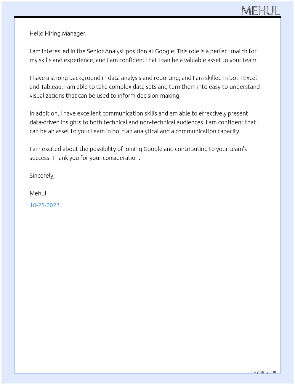 Senior analyst  At Google Cover Letter