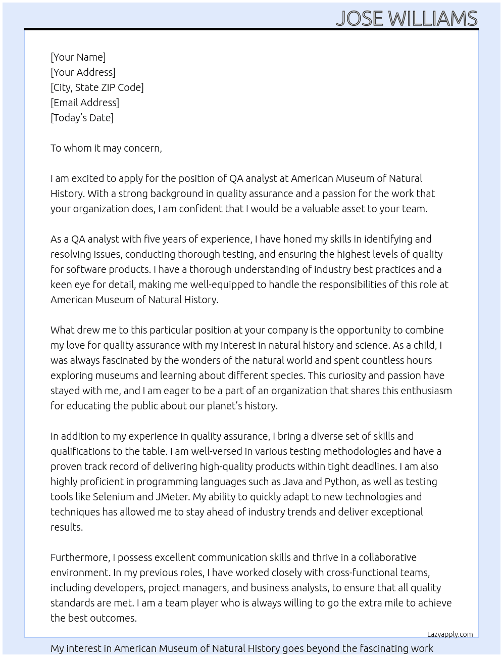 QA analyst At American Museum of Natural History  Cover Letter