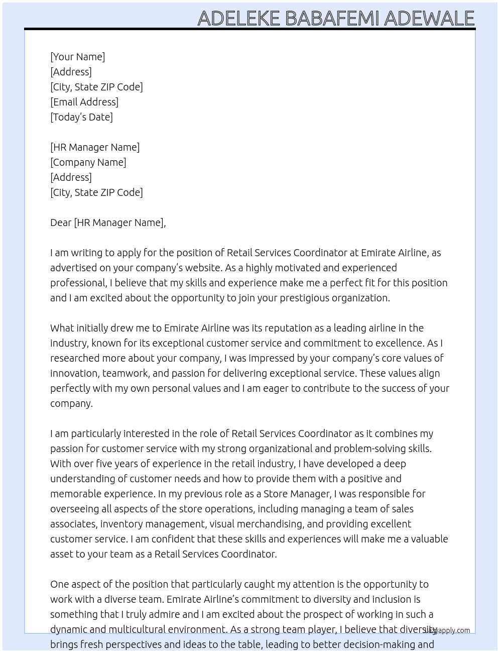 Retail Services Coordinator At Emirate Airline Cover Letter