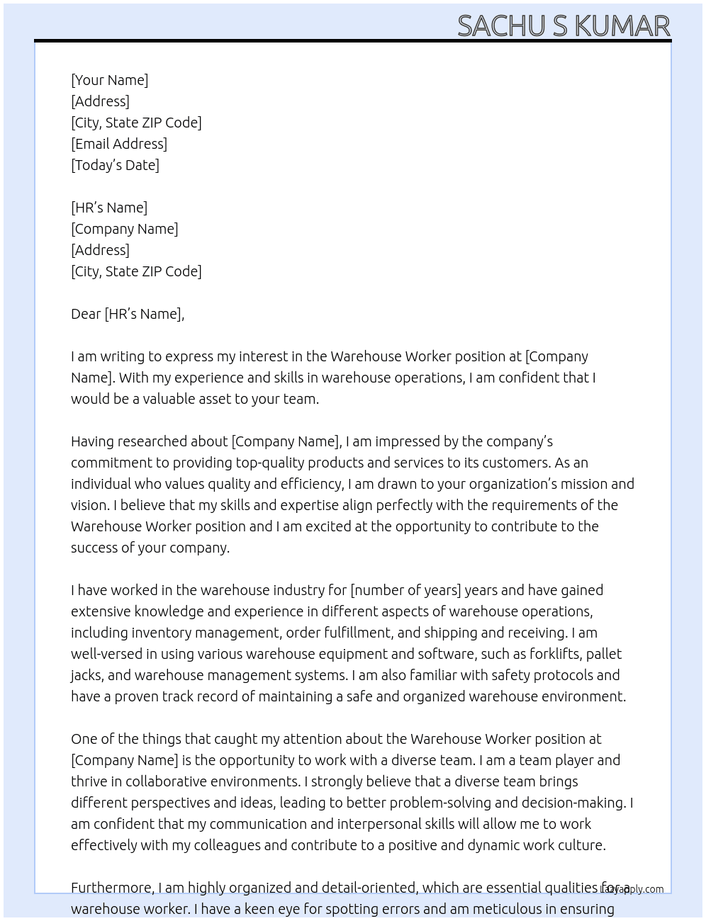 Warehouse Worker At in your Compwny Cover Letter