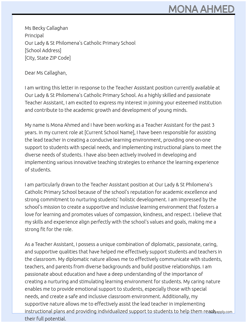 Teacher Assistant At Our Lady & St Philomena's Catholic Primary School Cover Letter