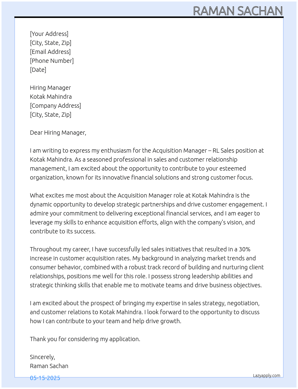Cover letter for acquisition manager-rl sales-sales - LazyApply