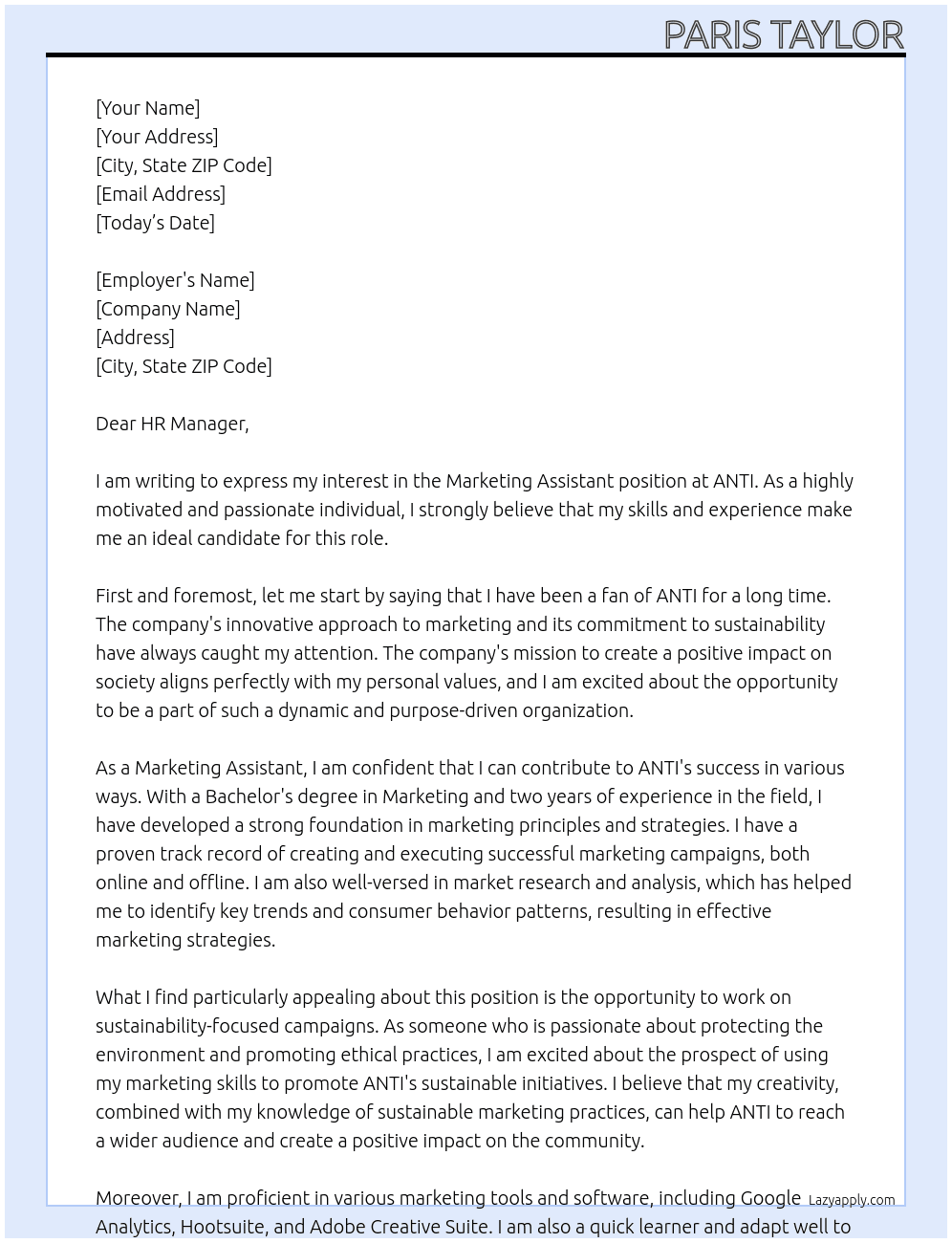 Marketing Assistant At ANTI Cover Letter