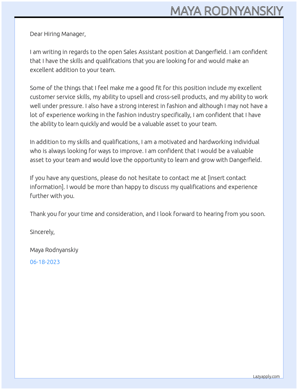 sales assistant At Dangerfield Cover Letter
