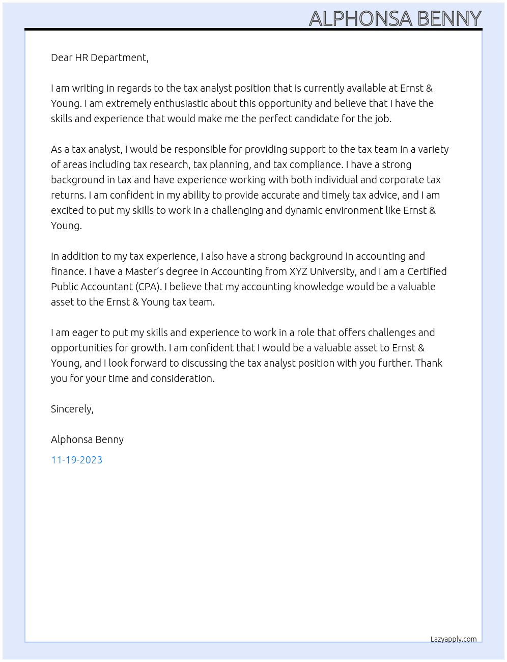 tax analyst At Ernst ayoung Cover Letter